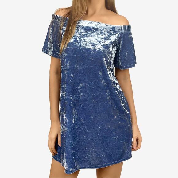 Forever 21 Velvet Mini Dress Size M Blue Off Shoulder Glam Retro Party Cocktail - Picture 1 of 11